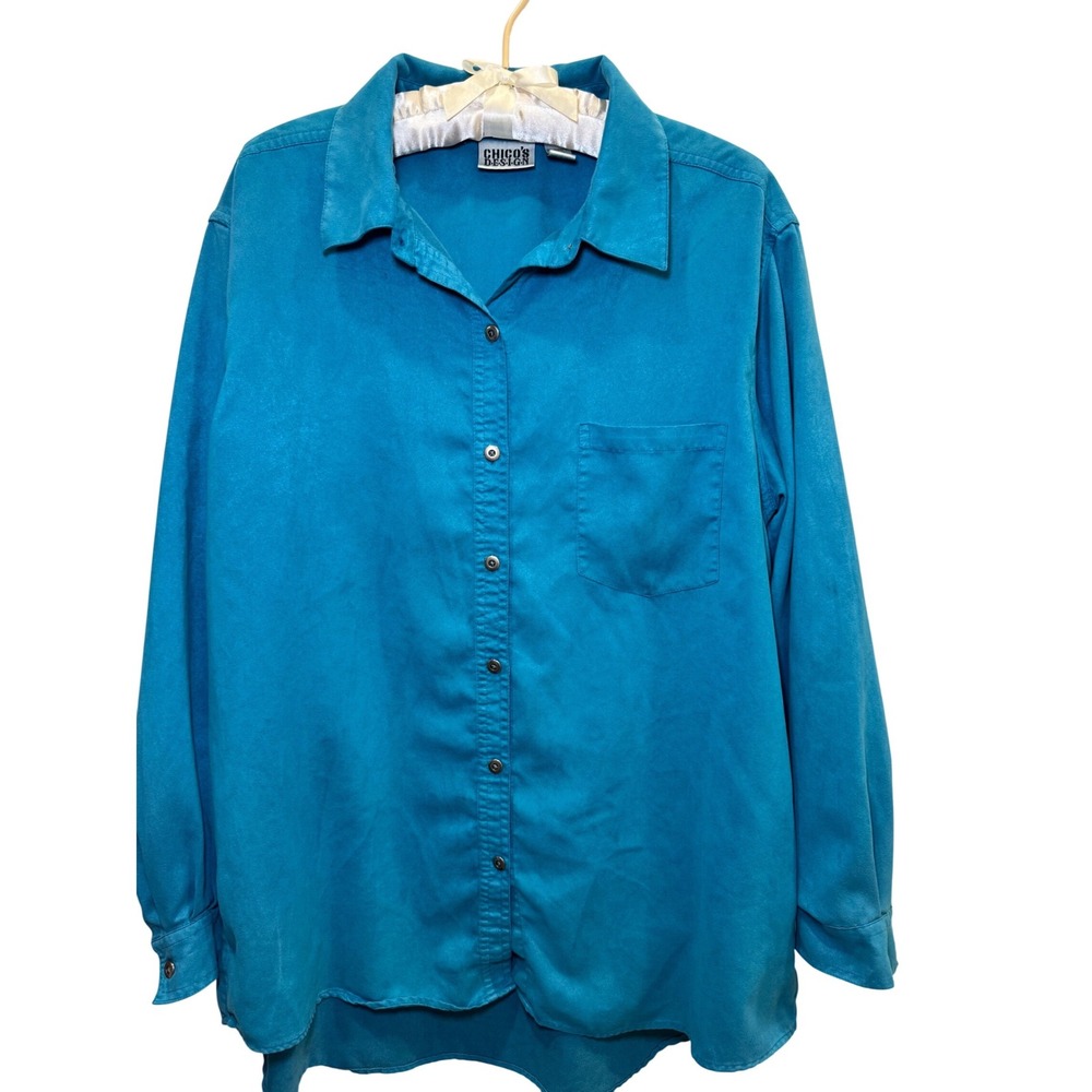 Chicos Design Teal Blue Faux Suede Button Down Shirt Womens Size 3 Large XL